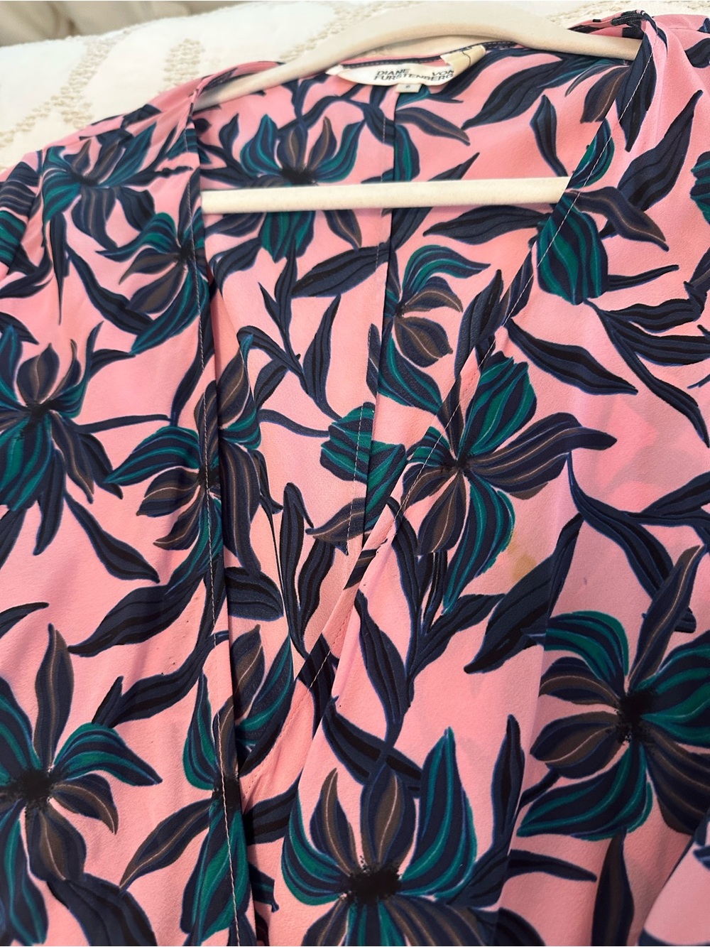 Diane Von Furstenberg Pink Midi Wrap Dress with Teal and Navy Floral Print - Picture 2 of 3